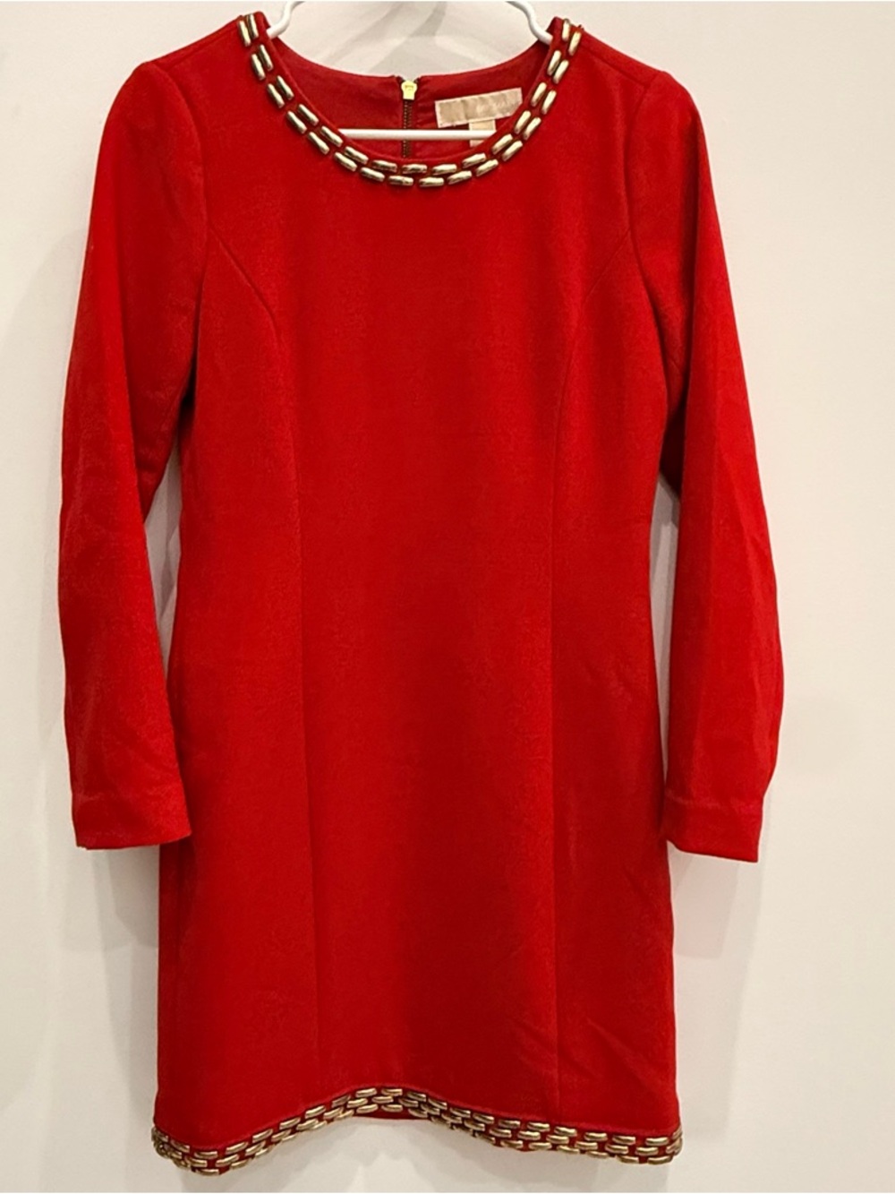 Michael Kors Red Long-Sleeve Shift Dress with Gold Chain Trim